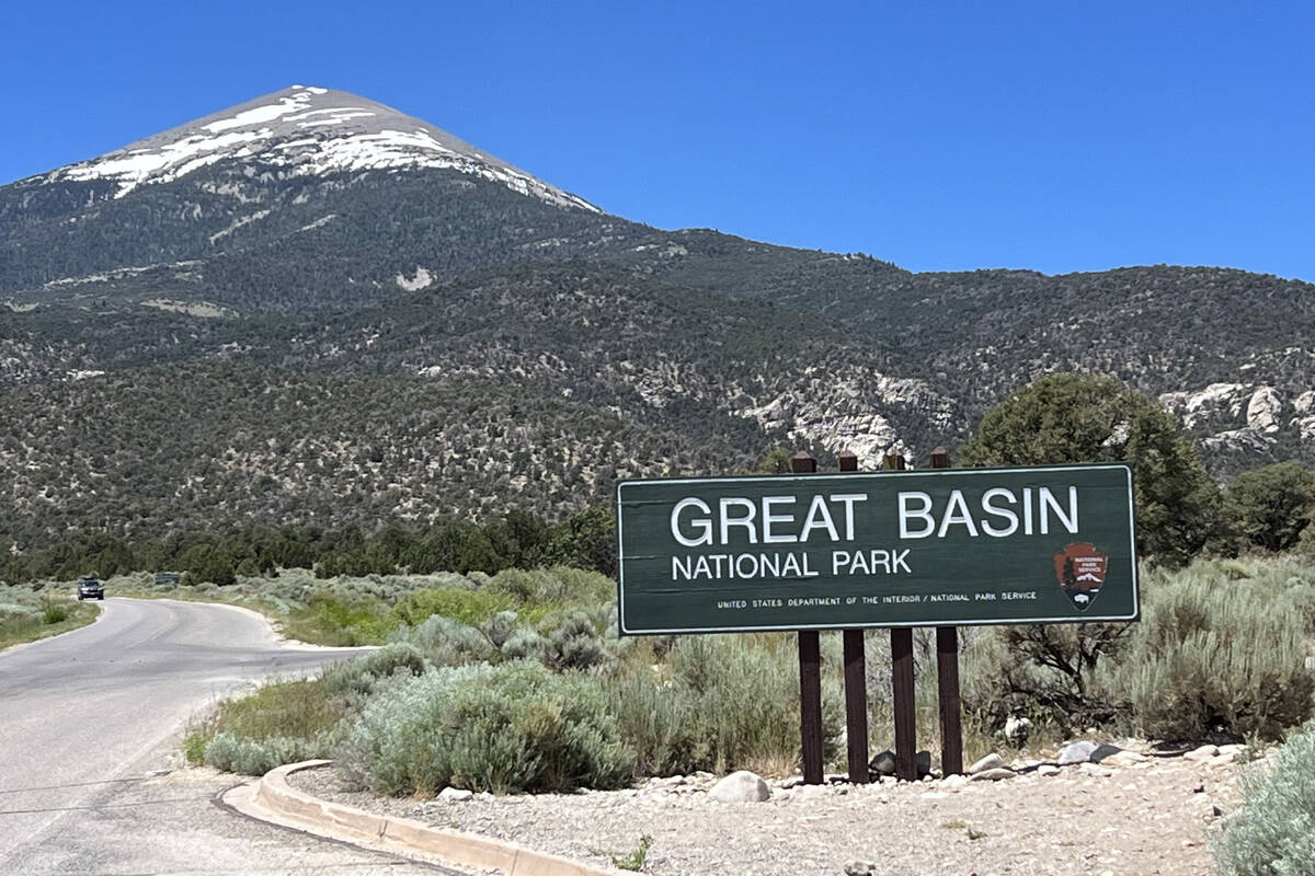 An entrance to Great Basin National Park and Wheeler Peak is seen on July 9, 2023, near Baker. ...