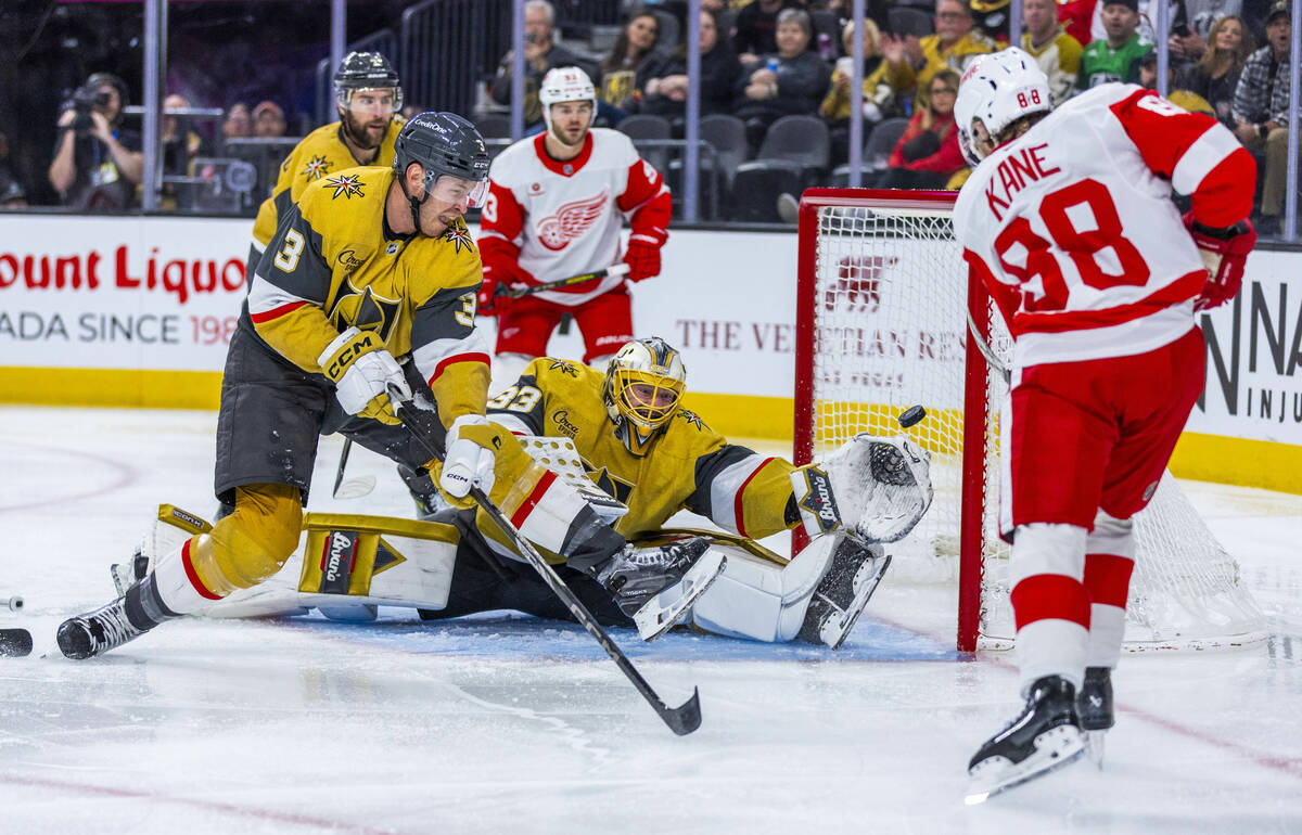Detroit Red Wings right wing Patrick Kane (88) scores past Golden Knights goaltender Adin Hill ...