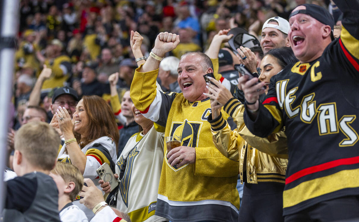 Golden Knights fans celebrate a hat trick by center Tomas Hertl (48) against the Detroit Red Wi ...