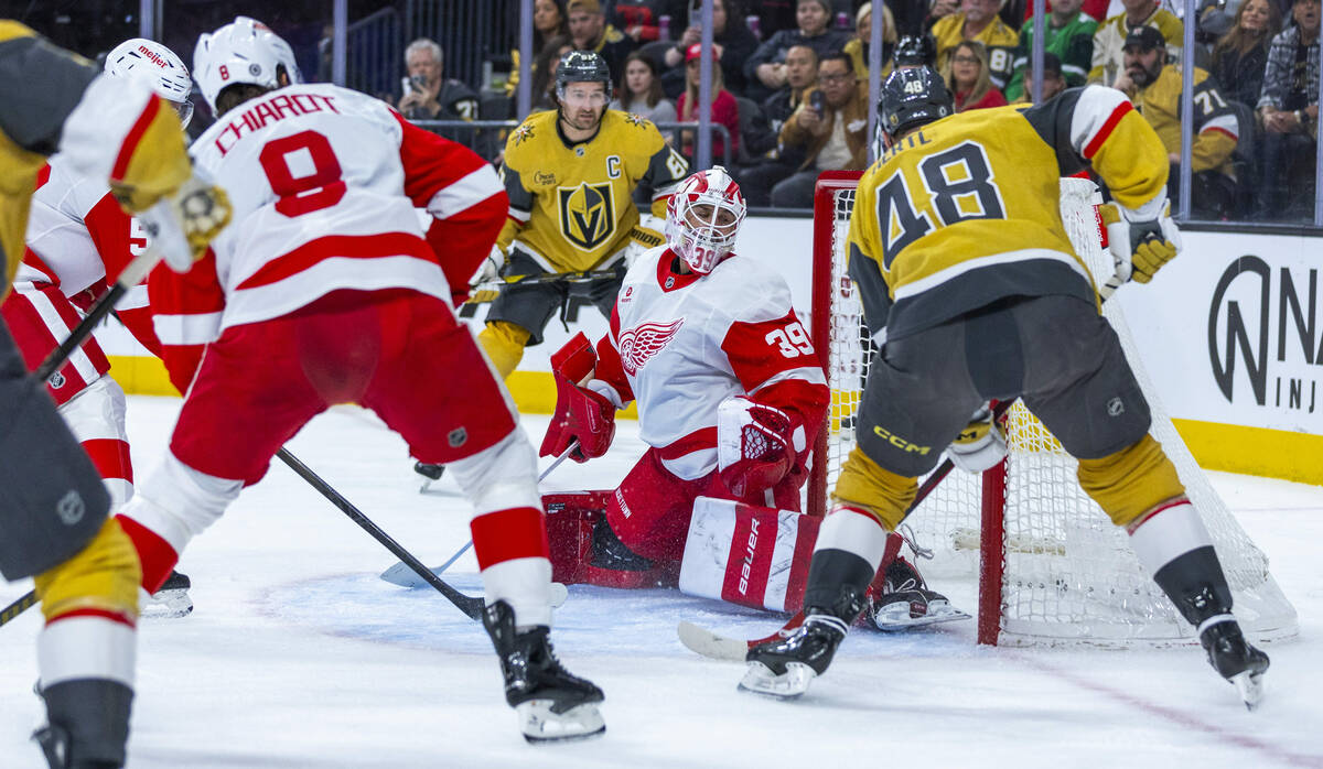 Golden Knights center Tomas Hertl (48) scores against Detroit Red Wings goaltender Cam Talbot ( ...