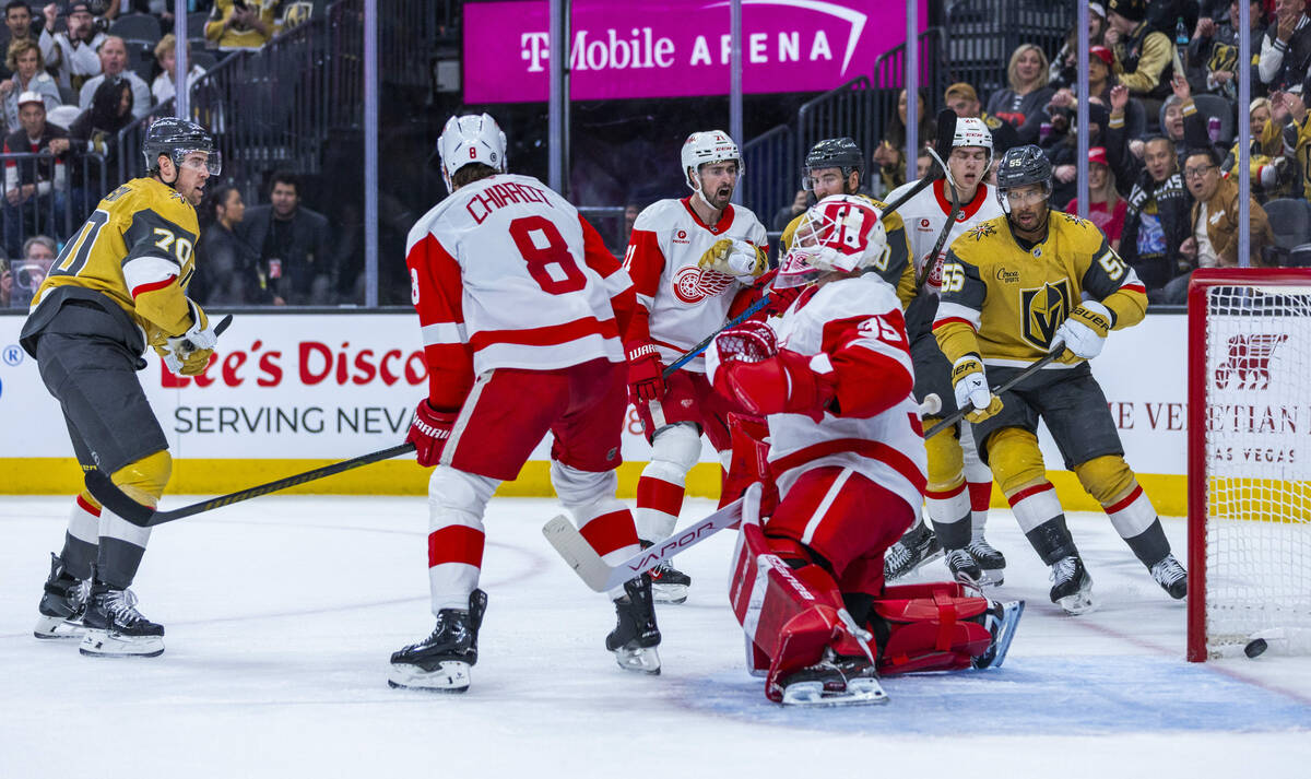 Golden Knights left wing Tanner Pearson (70) watches the puck gos into the net against Detroit ...