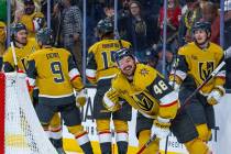 Golden Knights center Tomas Hertl (48) celebrates his second goal of the night against the Detr ...