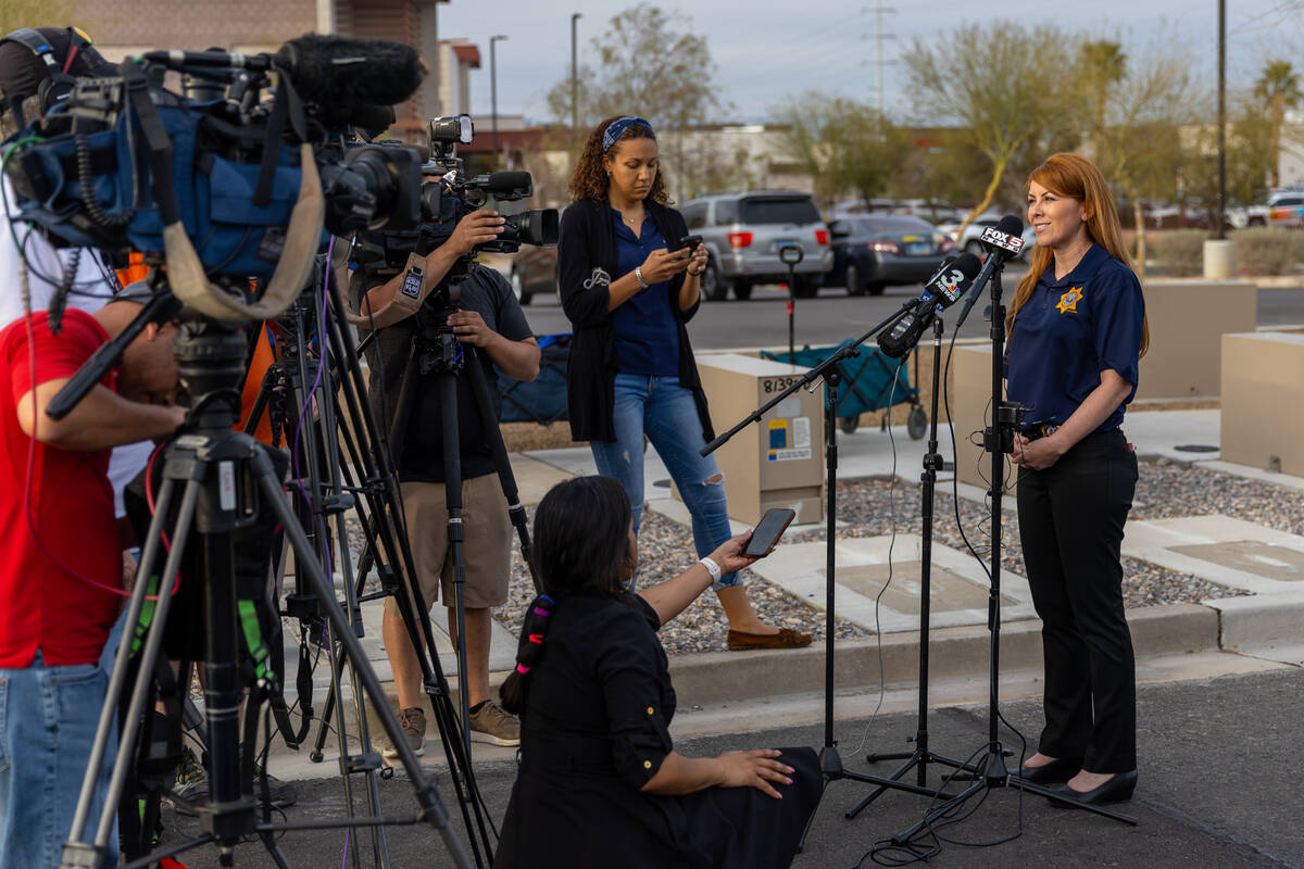 Capt. Esmeralda Boveda speaks to journalists after an officer-involved shooting in a neighborho ...