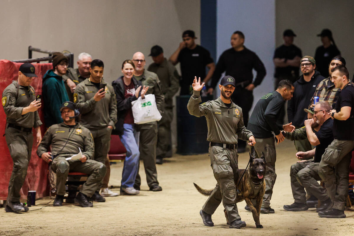 Raider, a K9 with metro, walks out with his handler, Michael Marano during the annual LVMPD Pol ...