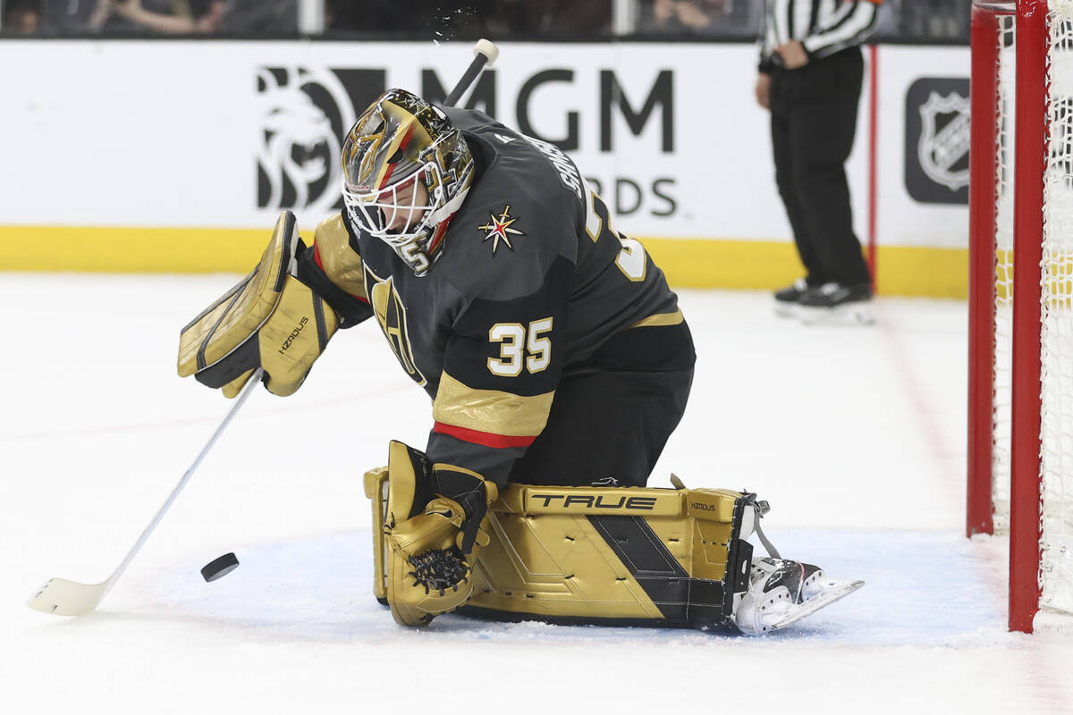 Vegas Golden Knights goaltender Ilya Samsonov (35) makes a save during the first period of an N ...