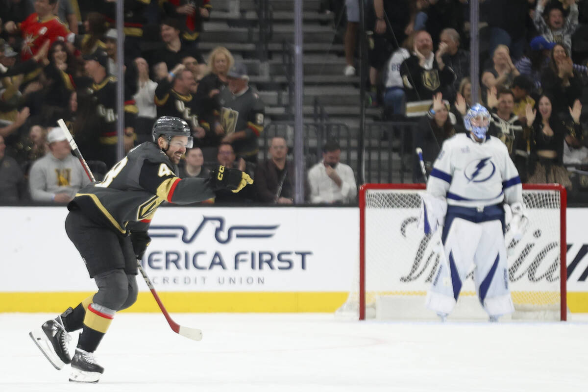 Vegas Golden Knights center Tomas Hertl (48) celebrates after scoring a goal during the first p ...