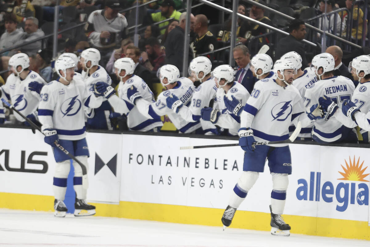 Tampa Bay Lightning left wing Nick Paul (20) celebrates after scoring a goal during the second ...