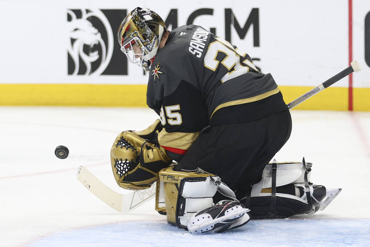 Vegas Golden Knights goaltender Ilya Samsonov (35) makes a save during the third period of an N ...