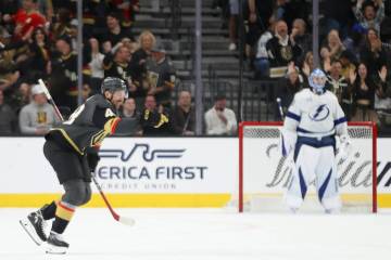 Vegas Golden Knights center Tomas Hertl (48) celebrates after scoring a goal during the first p ...