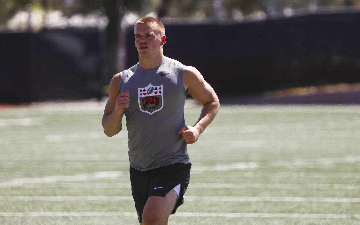 UNLV linebacker Jackson Woodard warms up for the 40-yard dash during UNLV football's Pro Day at ...