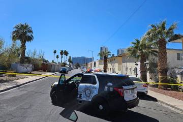 Police investigate a fatal stabbing in the 1900 block of Rexford Drive, near Las Vegas Boulevar ...