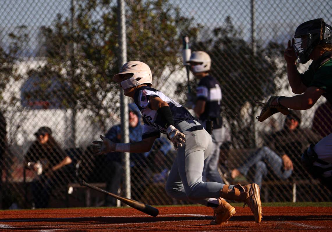 Shadow Ridge's Marco Montesanti runs for first base during a baseball game at Palo Verde High S ...