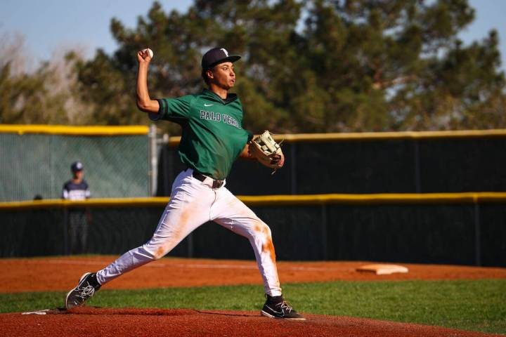 Palo Verde's Noah Knudson pitches to Shadow Ridge during a baseball game at Palo Verde High Sch ...
