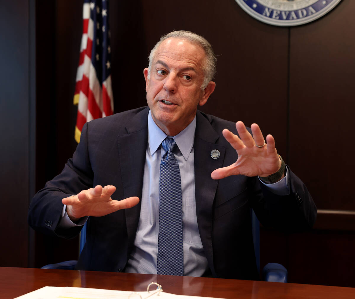 Gov. Joe Lombardo talks to the Review-Journal at his Las Vegas office Monday, March 24, 2025. ( ...