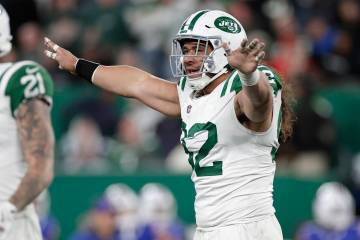 New York Jets defensive tackle Leki Fotu gestures after Buffalo Bills place kicker Tyler Bass m ...