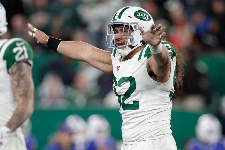 New York Jets defensive tackle Leki Fotu gestures after Buffalo Bills place kicker Tyler Bass m ...