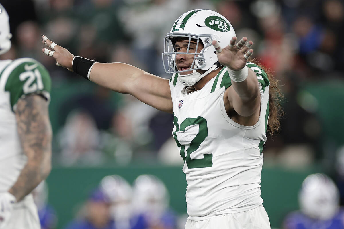 New York Jets defensive tackle Leki Fotu gestures after Buffalo Bills place kicker Tyler Bass m ...