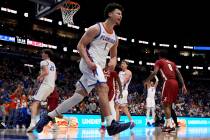 Florida guard Walter Clayton Jr. (1) reacts to a basket against Alabama during the second half ...