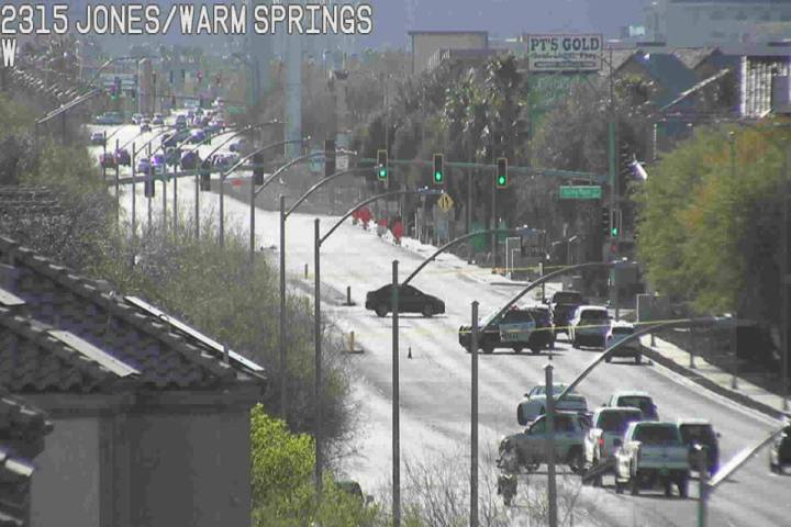 Police close off Warm Springs Road near Jones Boulevard near a crash near Torrey Pines Drive on ...