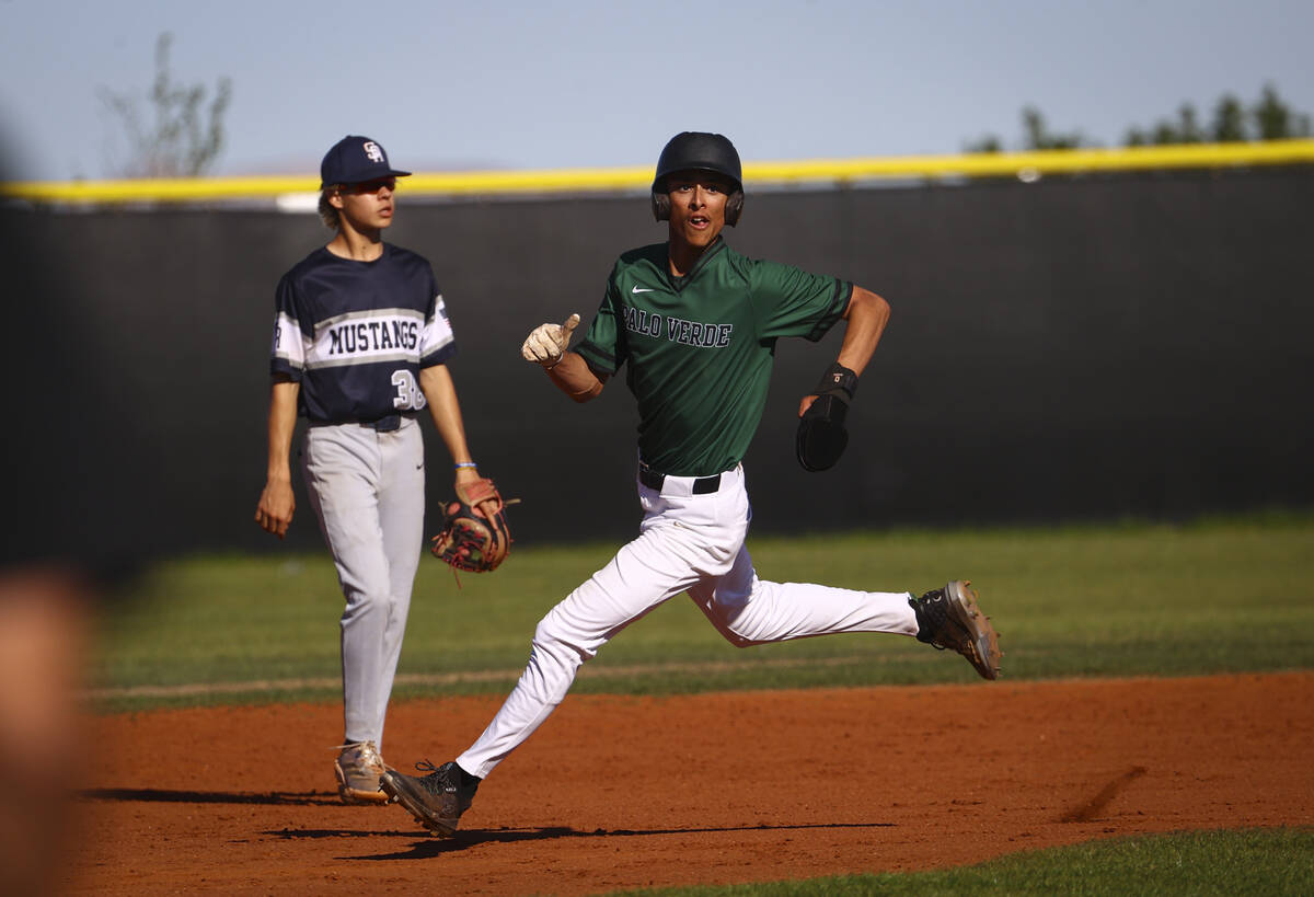 Palo Verde's Keimani Johnson rounds second base against Shadow Ridge during a baseball game at ...