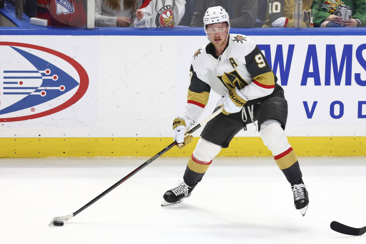 Vegas Golden Knights center Jack Eichel (9) carries the puck during the third period of an NHL ...