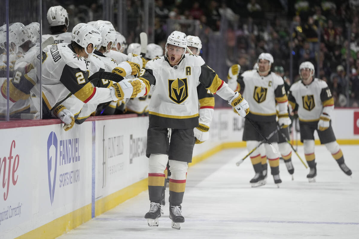 Vegas Golden Knights center Jack Eichel (9) celebrates after scoring a goal during the third pe ...