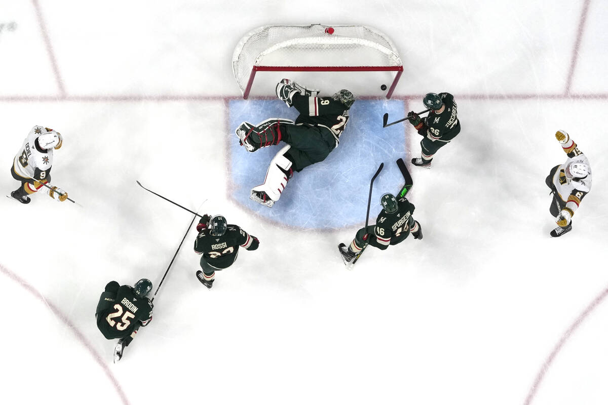 Minnesota Wild goaltender Marc-Andre Fleury (29) gives up a goal to Vegas Golden Knights center ...