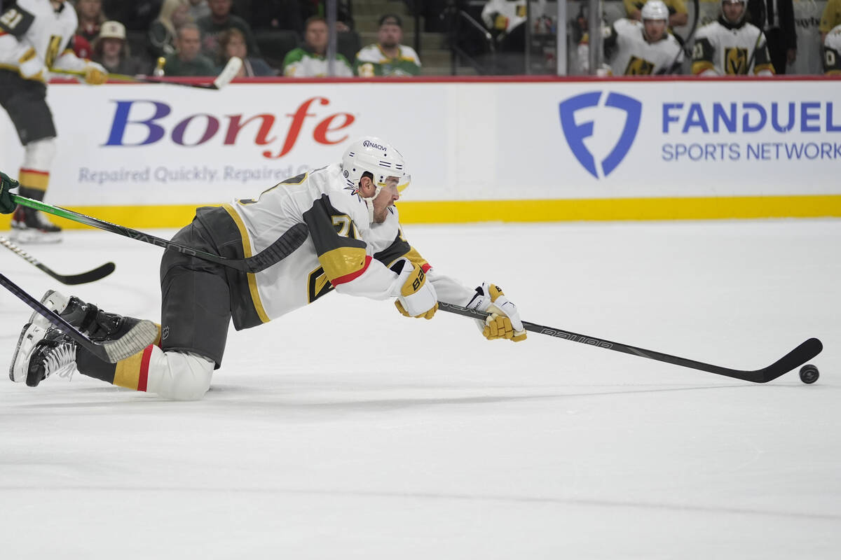 Vegas Golden Knights left wing Tanner Pearson (70) reaches for the puck during the second perio ...