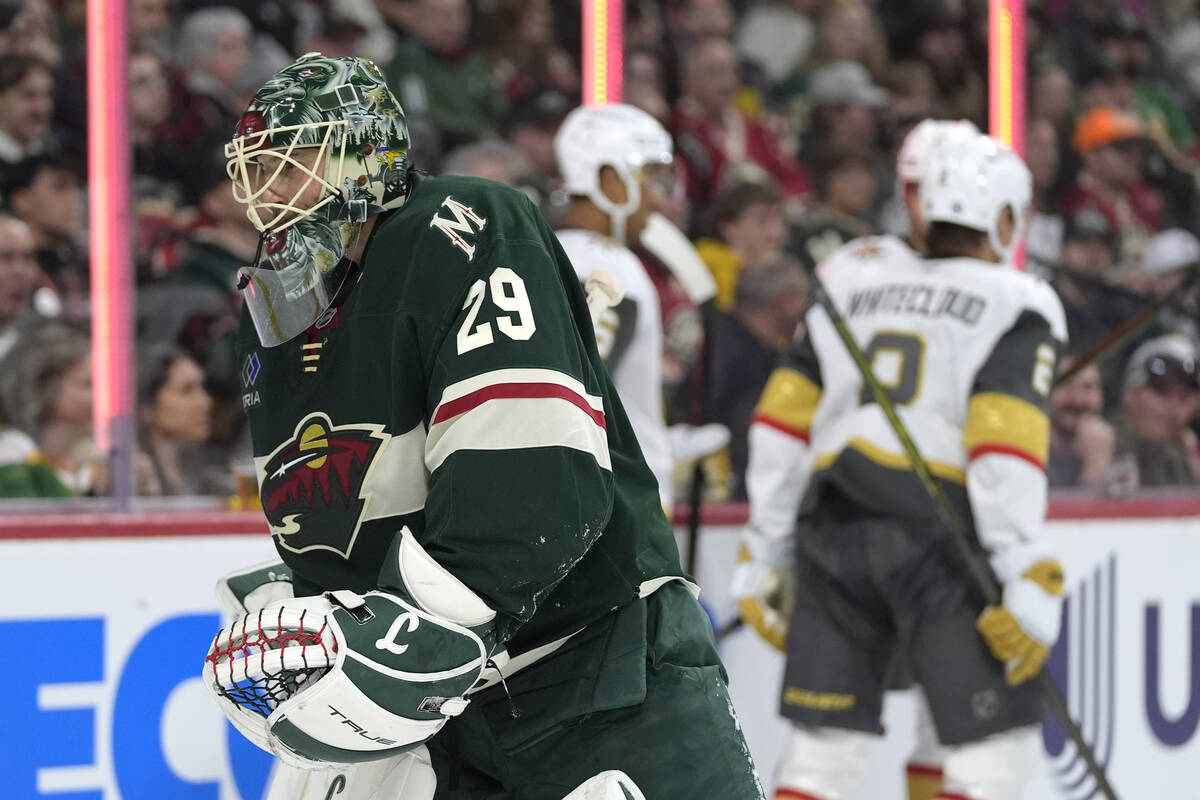 Minnesota Wild goaltender Marc-Andre Fleury (29) skates after a goal scored by Vegas Golden Kni ...