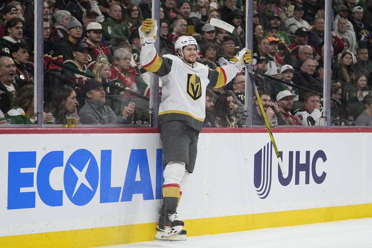 Vegas Golden Knights center Brett Howden (21) celebrates after scoring a goal during the second ...