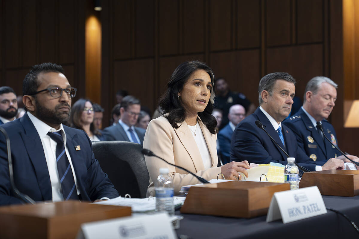 From left, FBI Director Kash Patel, Director of National Intelligence Tulsi Gabbard, CIA Direct ...
