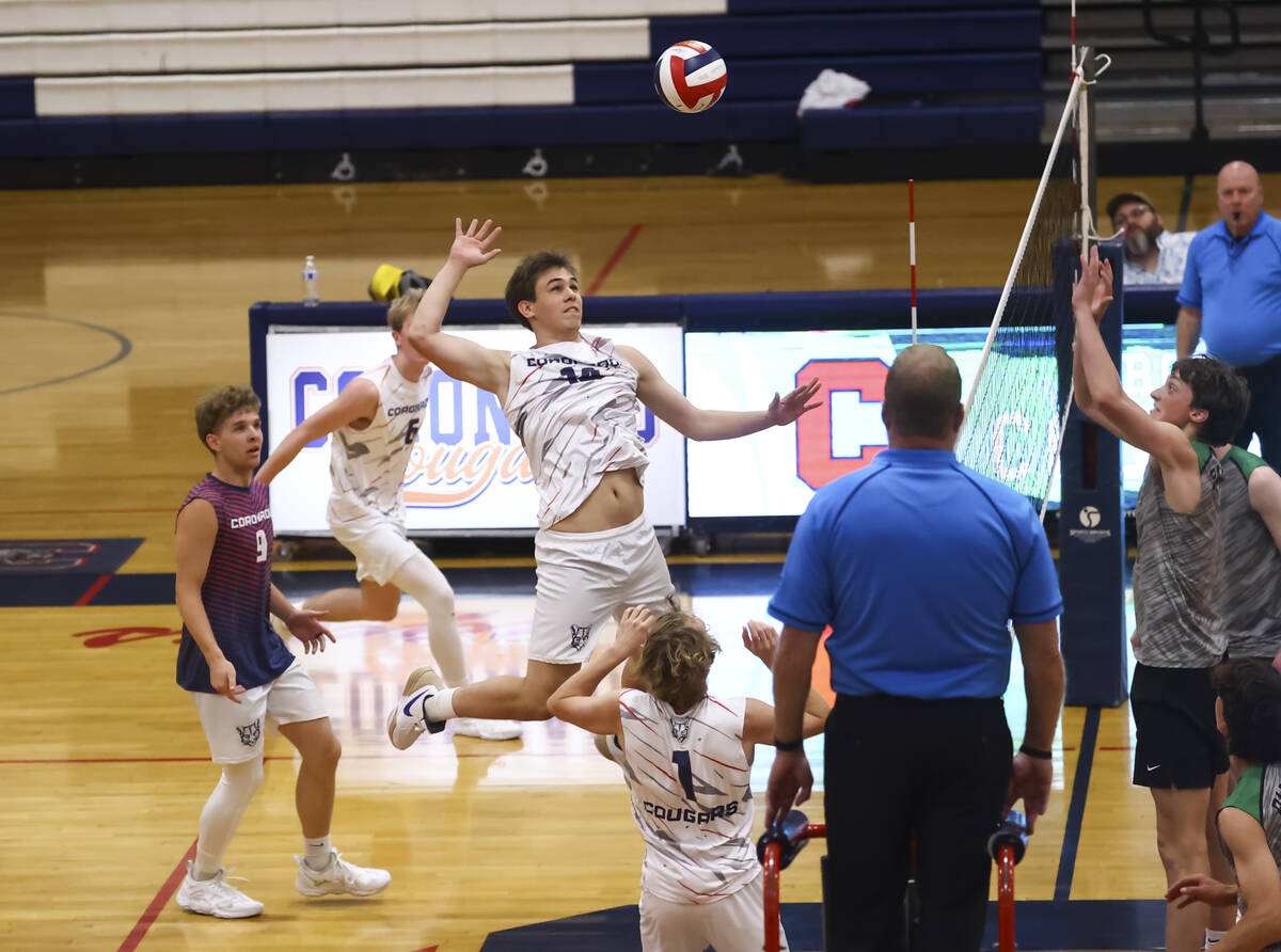 Coronado's Luke Wilkinson looks to spike the ball against Palo Verde during a high school volle ...