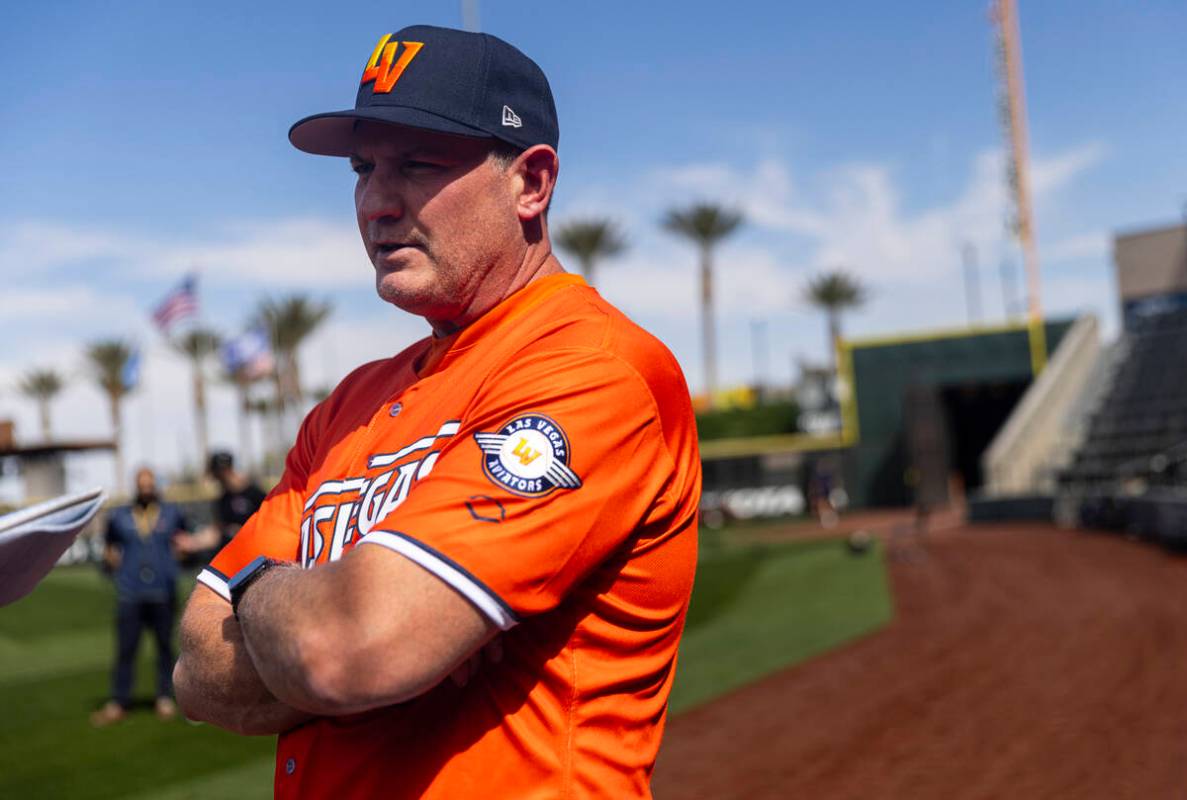 Las Vegas Aviators manager Fran Riordan is interviewed during media day at Las Vegas Ballpark i ...