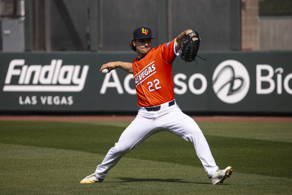 Las Vegas Aviators pitcher J.T. Ginn practices during media day at Las Vegas Ballpark in Downto ...