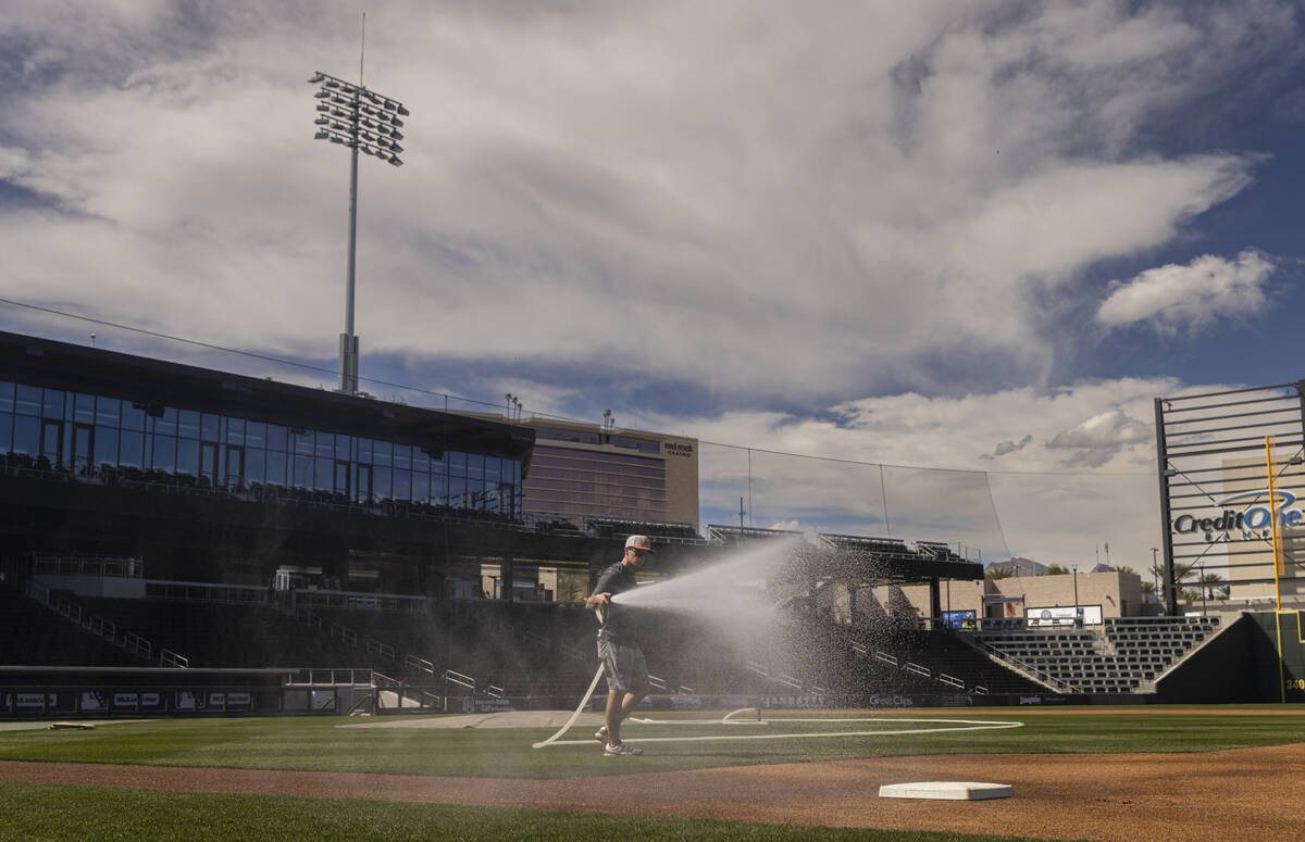 The field is hosed during media day at Las Vegas Ballpark in Downtown Summerlin on Wednesday, M ...