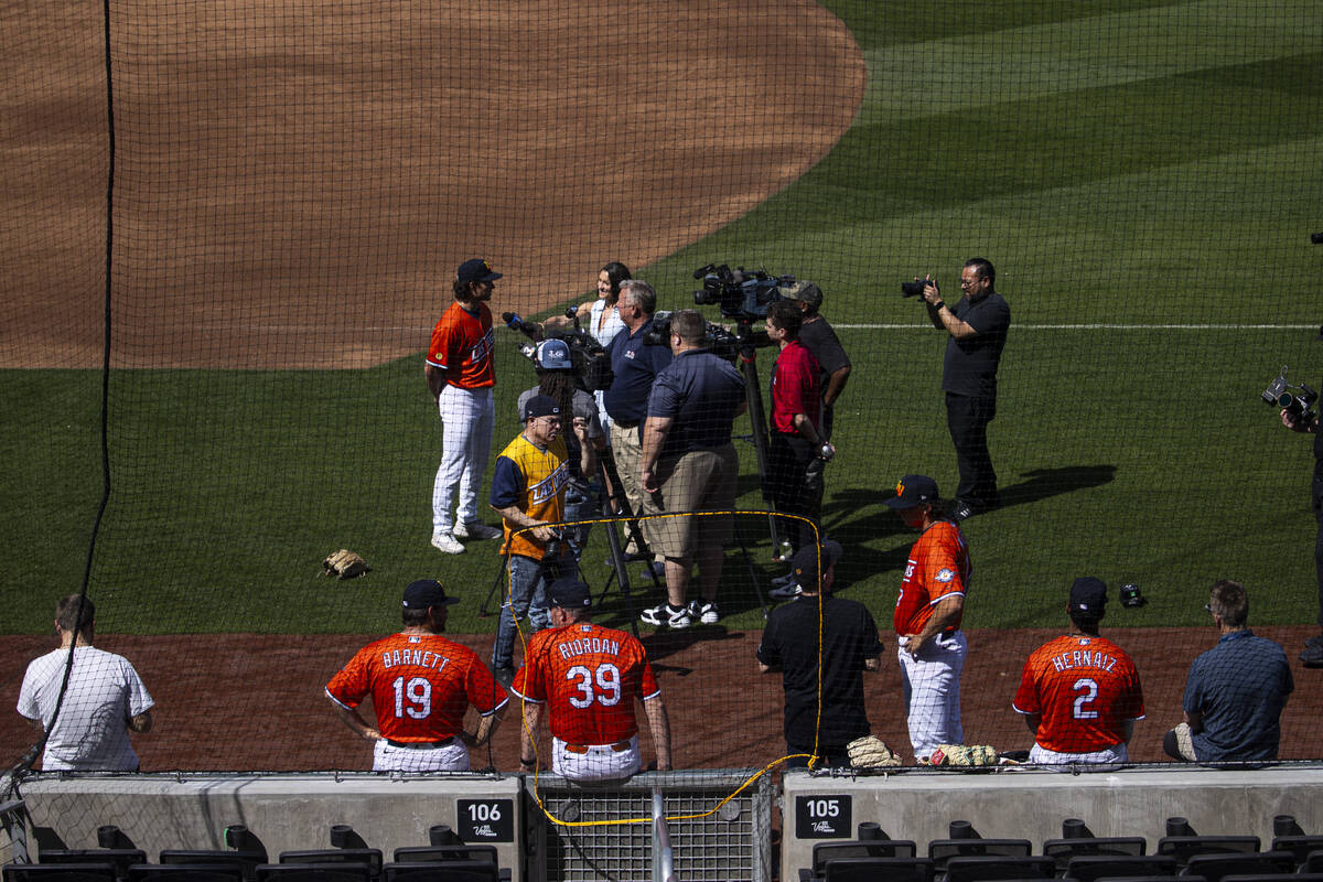 Las Vegas Aviators outfielder Colby Thomas is interviewed during media day at Las Vegas Ballpar ...