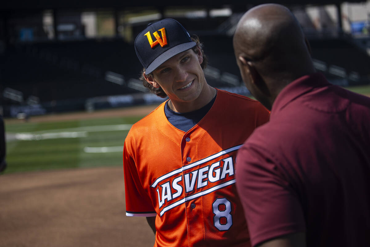 Las Vegas Aviators outfielder Colby Thomas is interviewed during media day at Las Vegas Ballpar ...