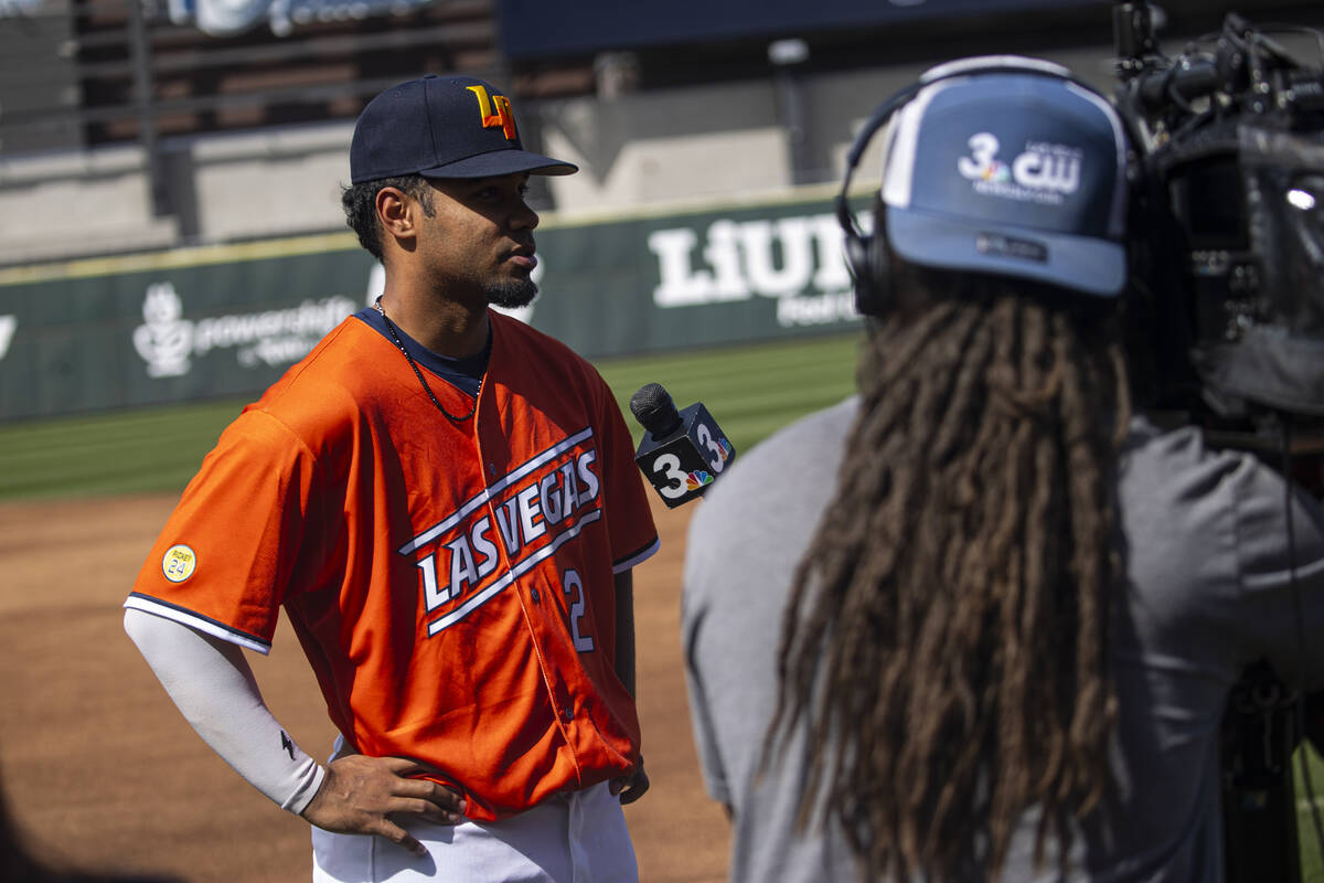 Las Vegas Aviators infielder Darell Hernaiz is interviewed during media day at Las Vegas Ballpa ...