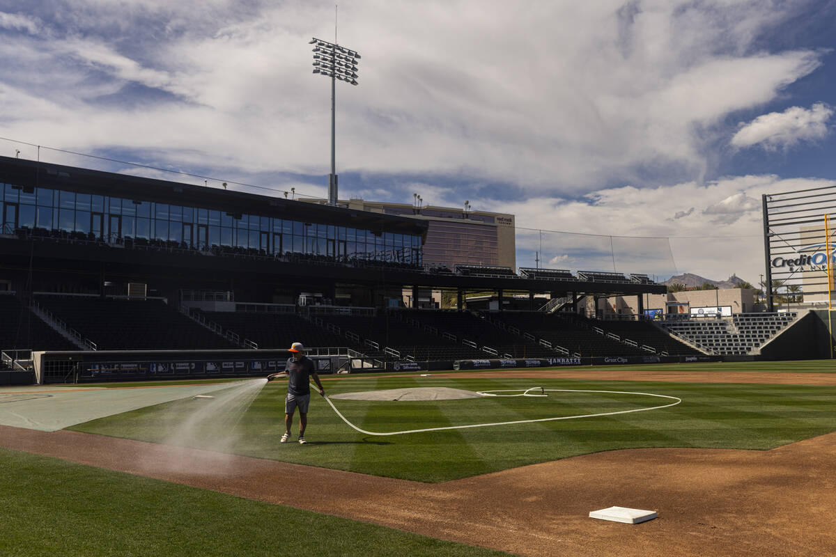 The field is hosed during media day at Las Vegas Ballpark in Downtown Summerlin on Wednesday, M ...