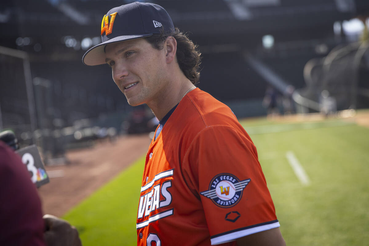 Las Vegas Aviators outfielder Colby Thomas is interviewed during media day at Las Vegas Ballpar ...