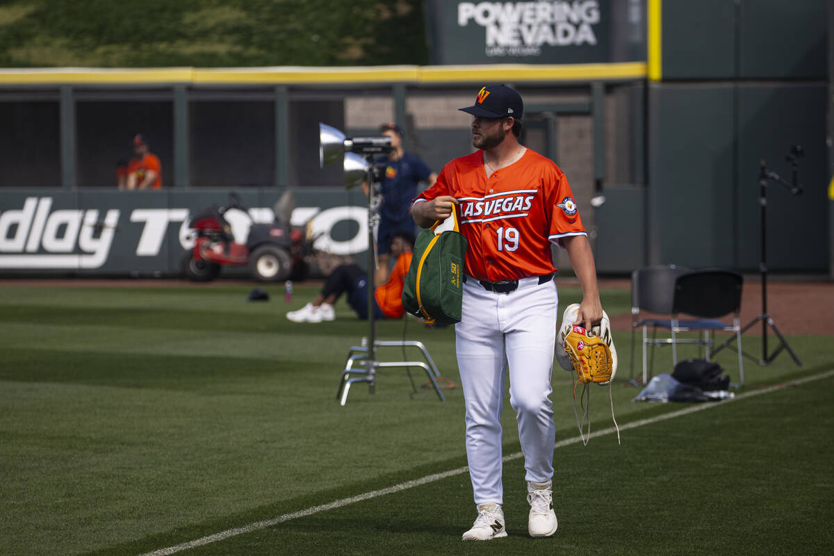 Las Vegas Aviators pitcher Mason Barnett walks on the field during media day at Las Vegas Ballp ...