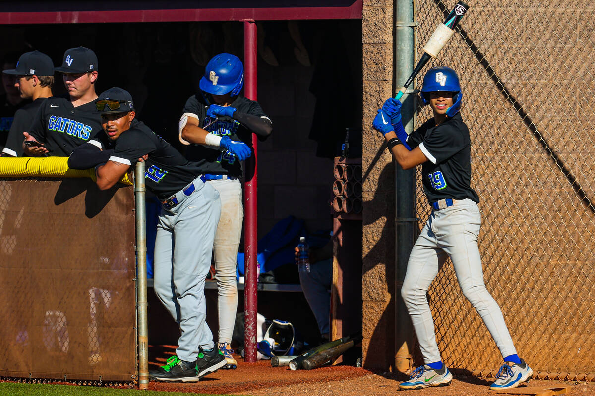 Green Valley short stop Caden Kirby (12) watches game action during a high school baseball game ...