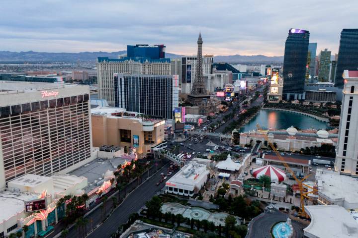 Aerial view looking south down the Las Vegas Strip at sunset. (Michael Quine/Las Vegas Review-J ...