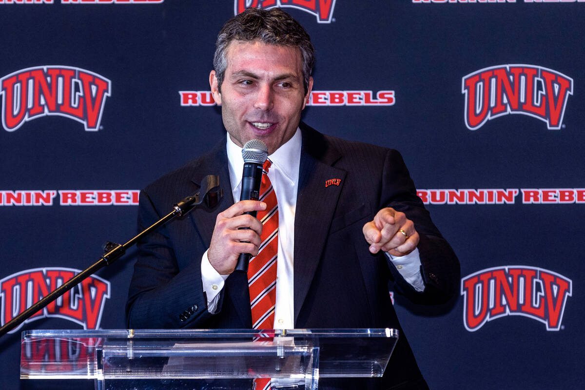 New UNLV men's basketball coach Josh Pastner thanks his family as he speaks during and introduc ...