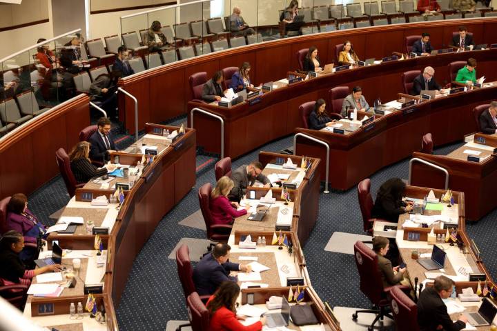 Assembly members meet during a floor session in the Legislative Building in Carson City Tuesday ...