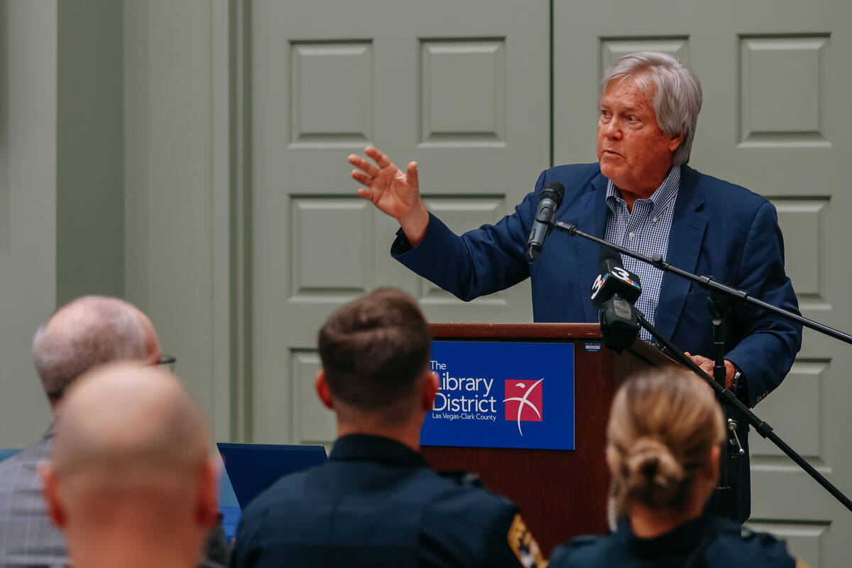 Clark County Commission Chairman Tick Segerblom speaks with attendees during a town hall about ...