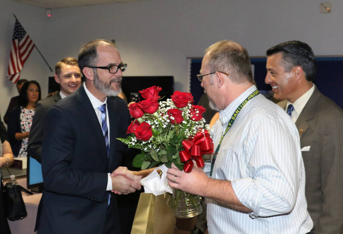 Steve Canavero, left, superintendent of public instruction for the Nevada Department of Educati ...