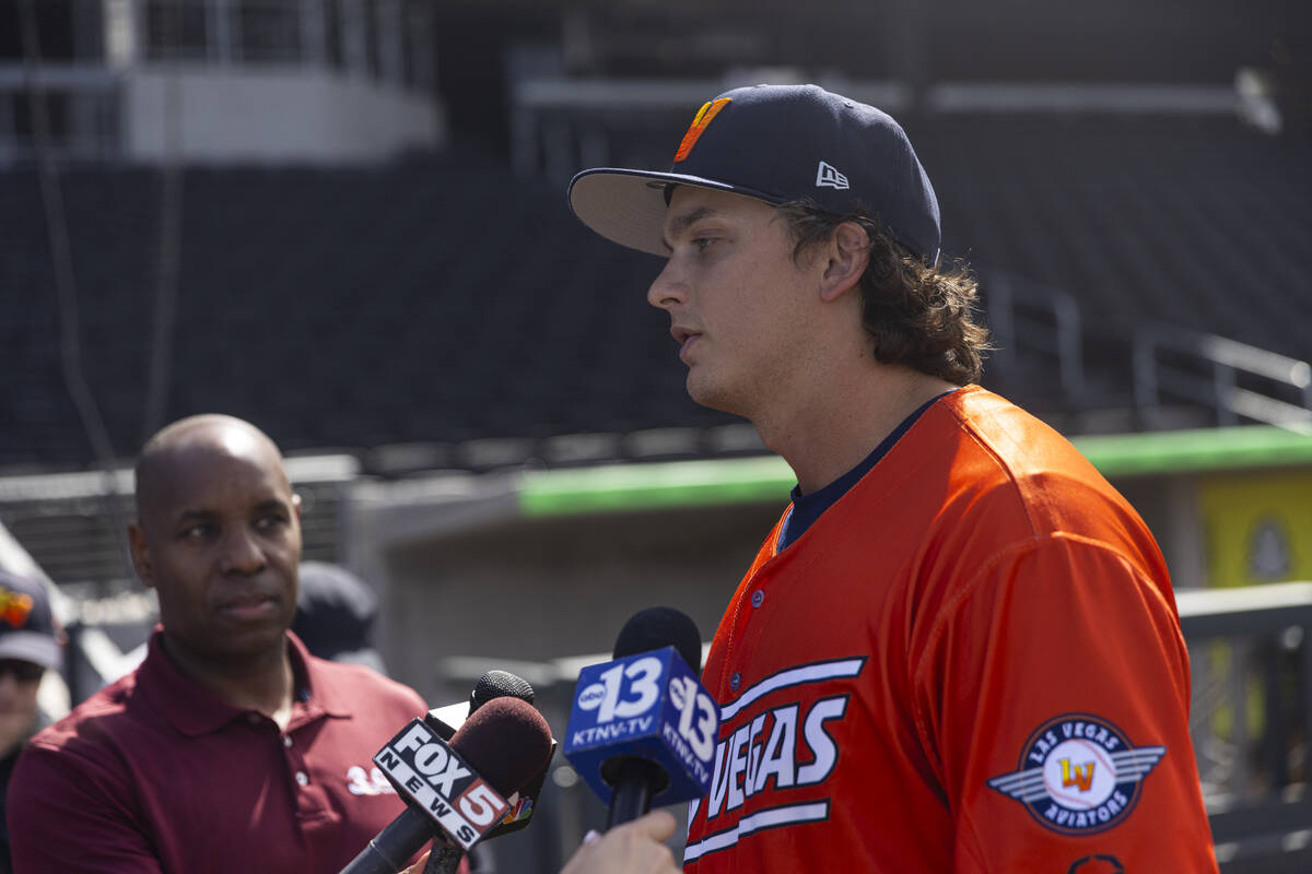Las Vegas Aviators infielder Nick Kurtz is interviewed during media day at Las Vegas Ballpark i ...