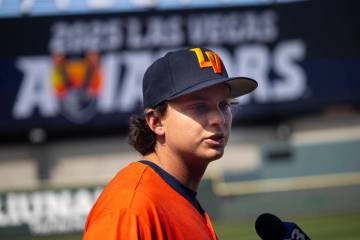 Las Vegas Aviators infielder Nick Kurtz is interviewed during media day at Las Vegas Ballpark i ...