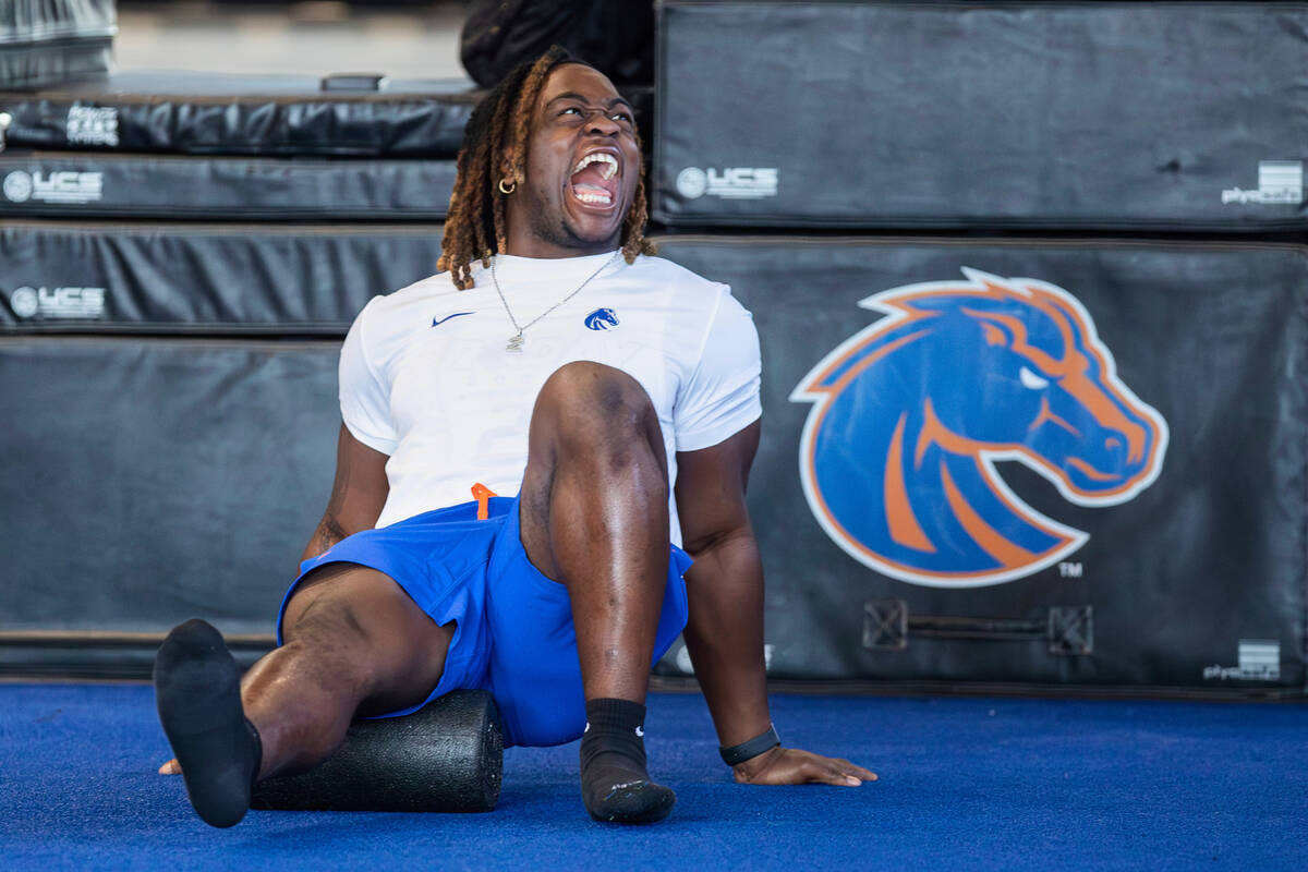 Boise State's Ashton Jeanty laughs as he warms up during the school’s NFL football pro d ...